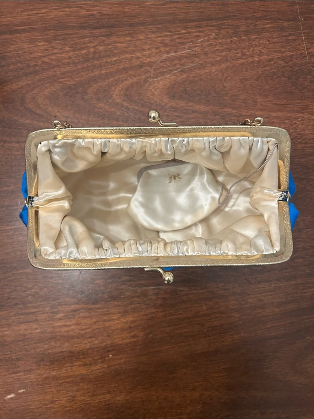 Vintage 70s Julius Resnick (JR) Blue Satin Chain-Handle Clutch with Gold Frame - Picture 4 of 6
